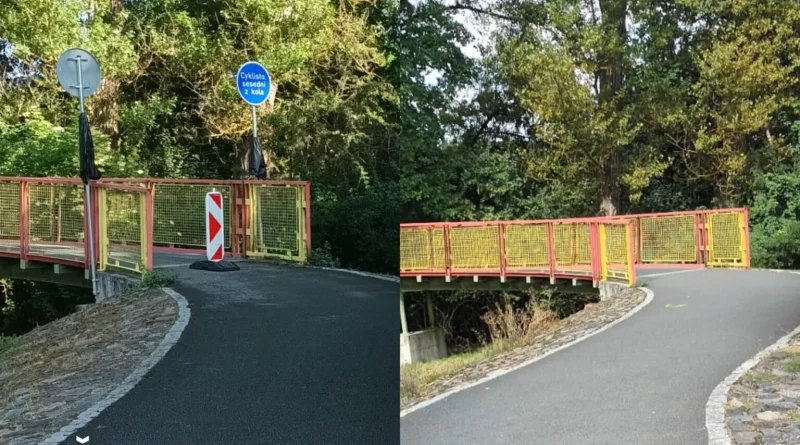 Boj o značku Cyklisto, sesedni z kola. Z lávky přes Labe již zmizela